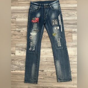 JEANS Company Distressed Blue Jeans Orginal Slim Fit Patch Details Size 30